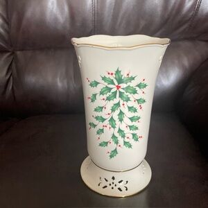 NWT Lenox Holiday Pierced Vase with Holly Design; measures: 8.5 height 5 wide.